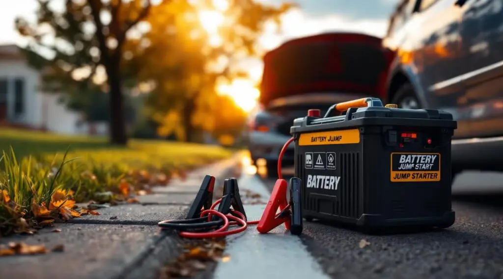 A Victoria Wrecker Service technician using a heavy-duty portable jump pack on a stranded car in a Victoria car park.