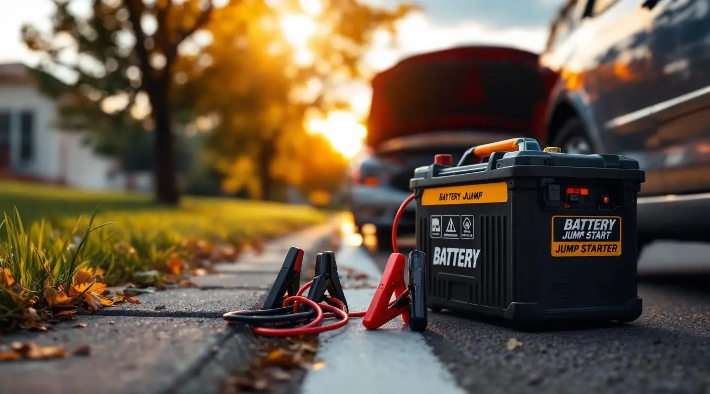 A Victoria Wrecker Service technician using a heavy-duty portable jump pack on a stranded car in a Victoria car park.
