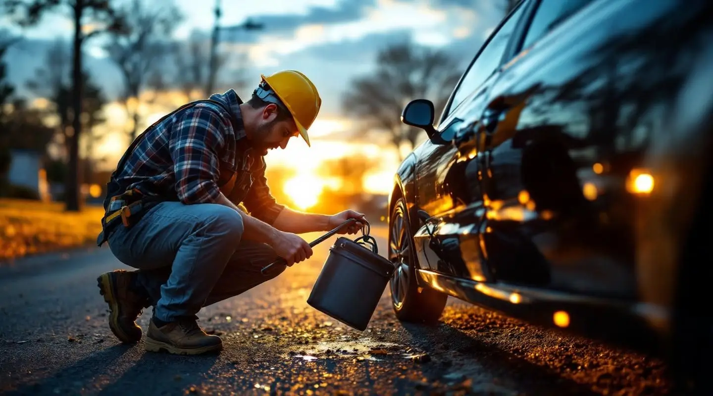 A professional Victoria Wrecker Service technician using specialized air wedges to safely unlock a vehicle door at night.