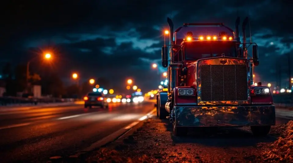 Victoria Wrecker Service flatbed tow truck with amber safety lights active on a wet Victoria road at dusk.
