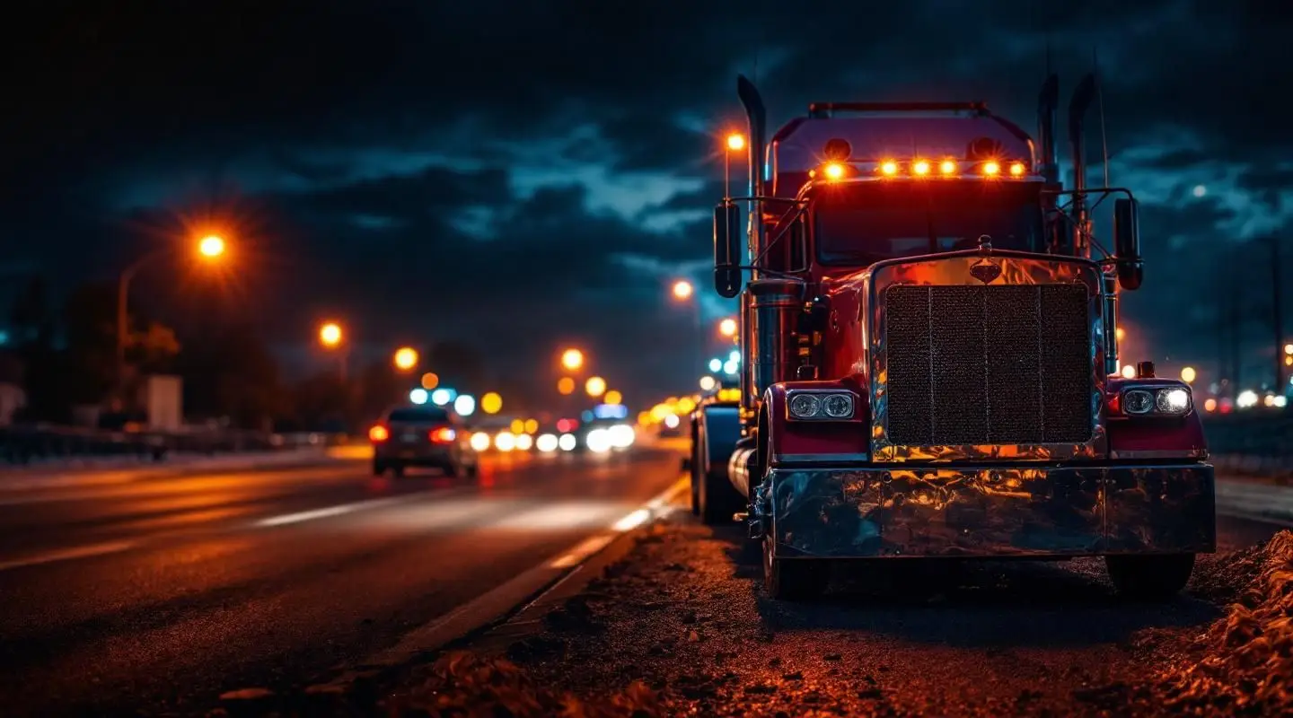 Victoria Wrecker Service flatbed tow truck with amber safety lights active on a wet Victoria road at dusk.