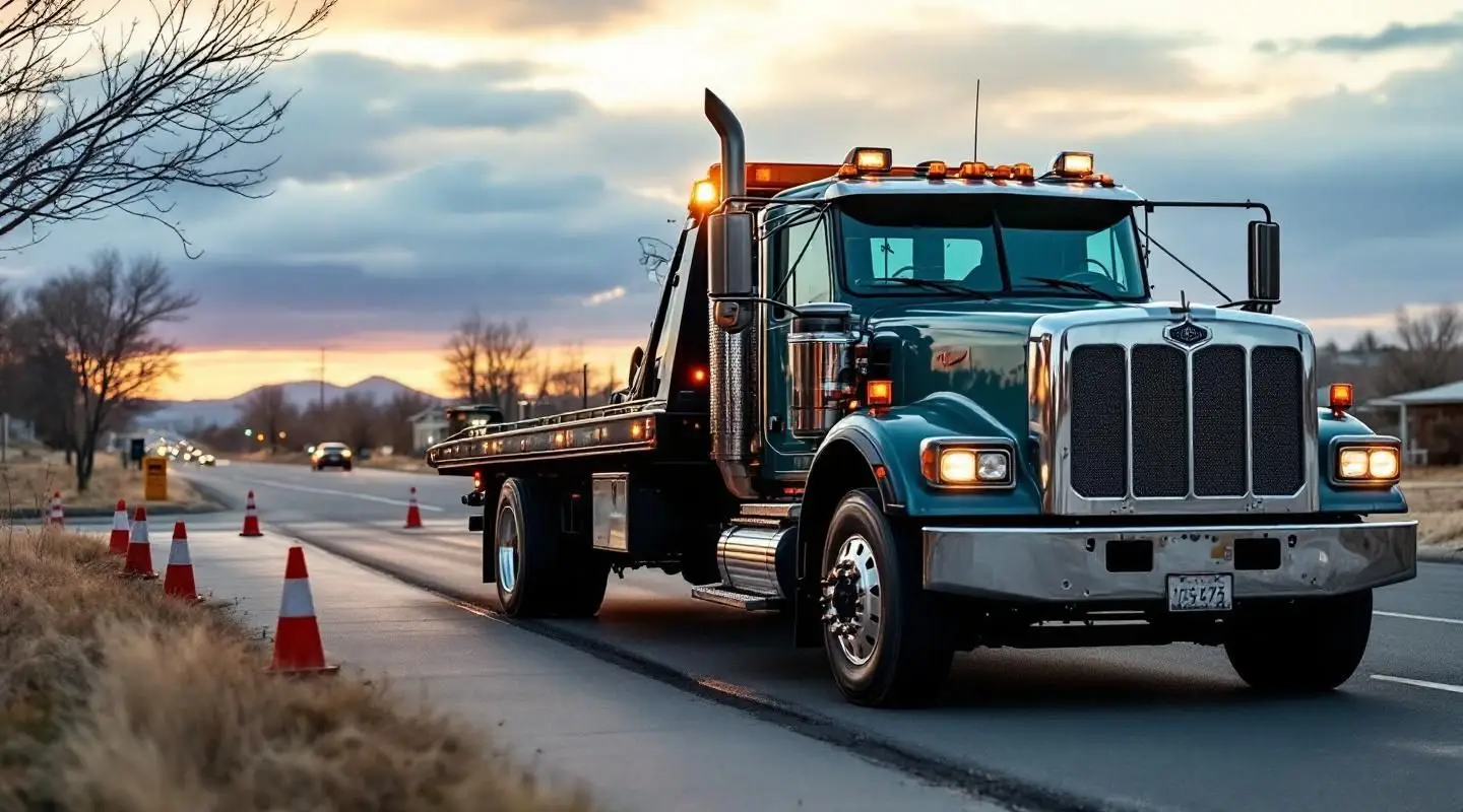 A professional Victoria Wrecker Service operator safely securing a vehicle onto a flatbed tow truck on a rainy evening.