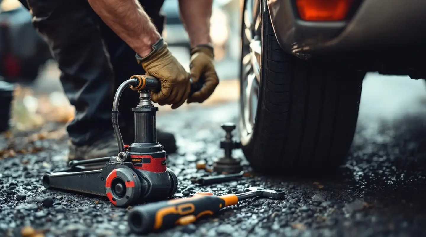 A Victoria Wrecker Service technician in a safety vest changing a tire on a rainy Victoria roadside with amber lights.