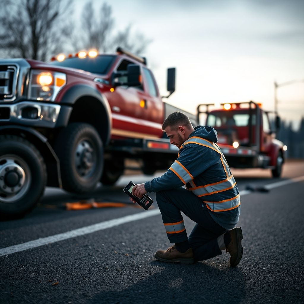 A professional tow truck operator in high-visibility gear speaking calmly to a customer in Oak Bay.