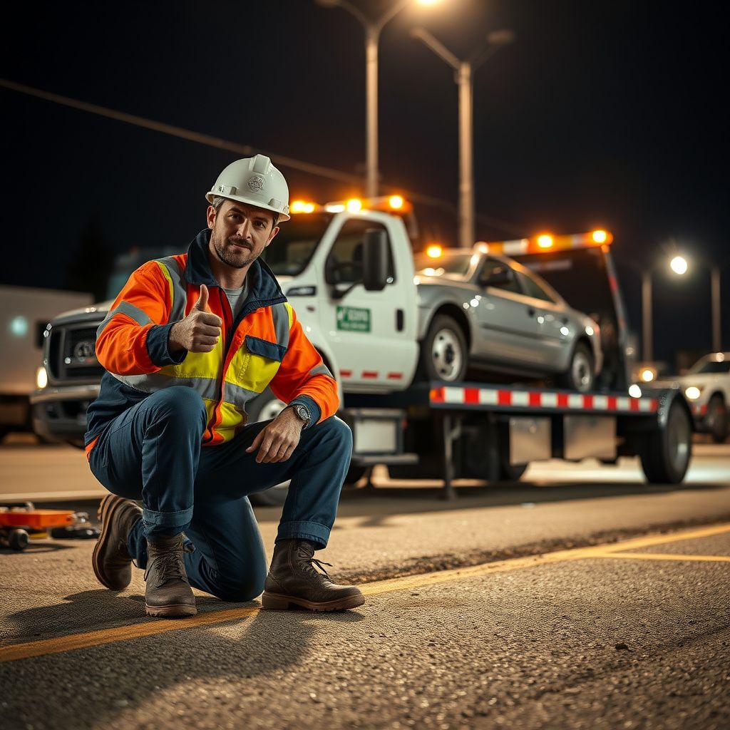 A professional tow truck operator wearing high-visibility safety gear while securing a vehicle for transport in Saanich.
