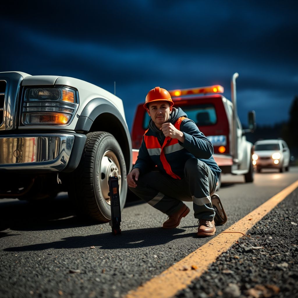 A professional tow truck operator in high-visibility gear performing a safety check on a vehicle in Colwood.