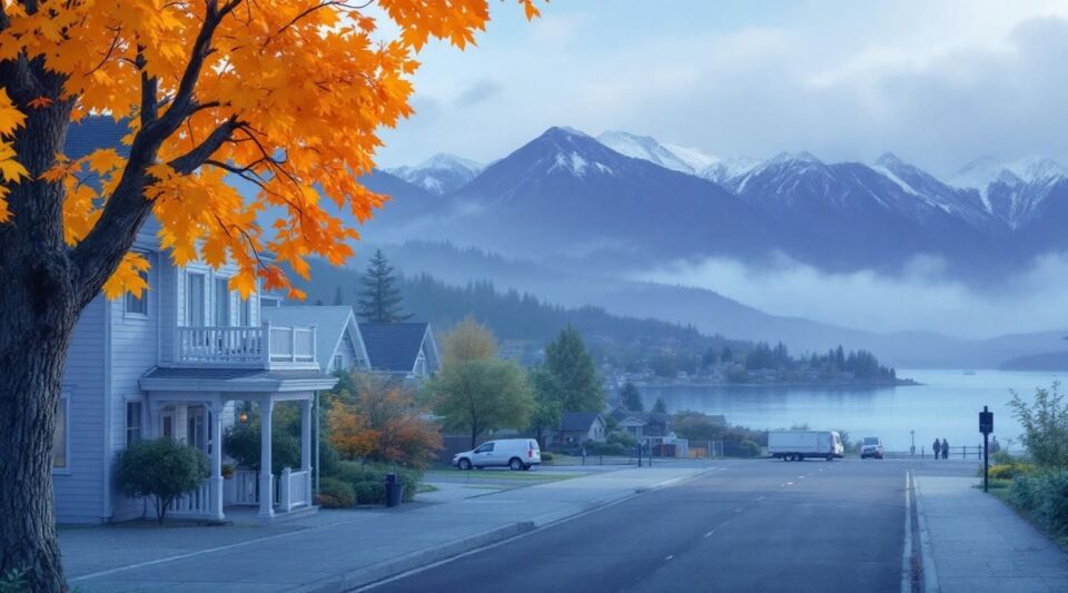 A flatbed tow truck carefully navigating a narrow, tree-lined rural road in Highlands, BC during a misty morning.
