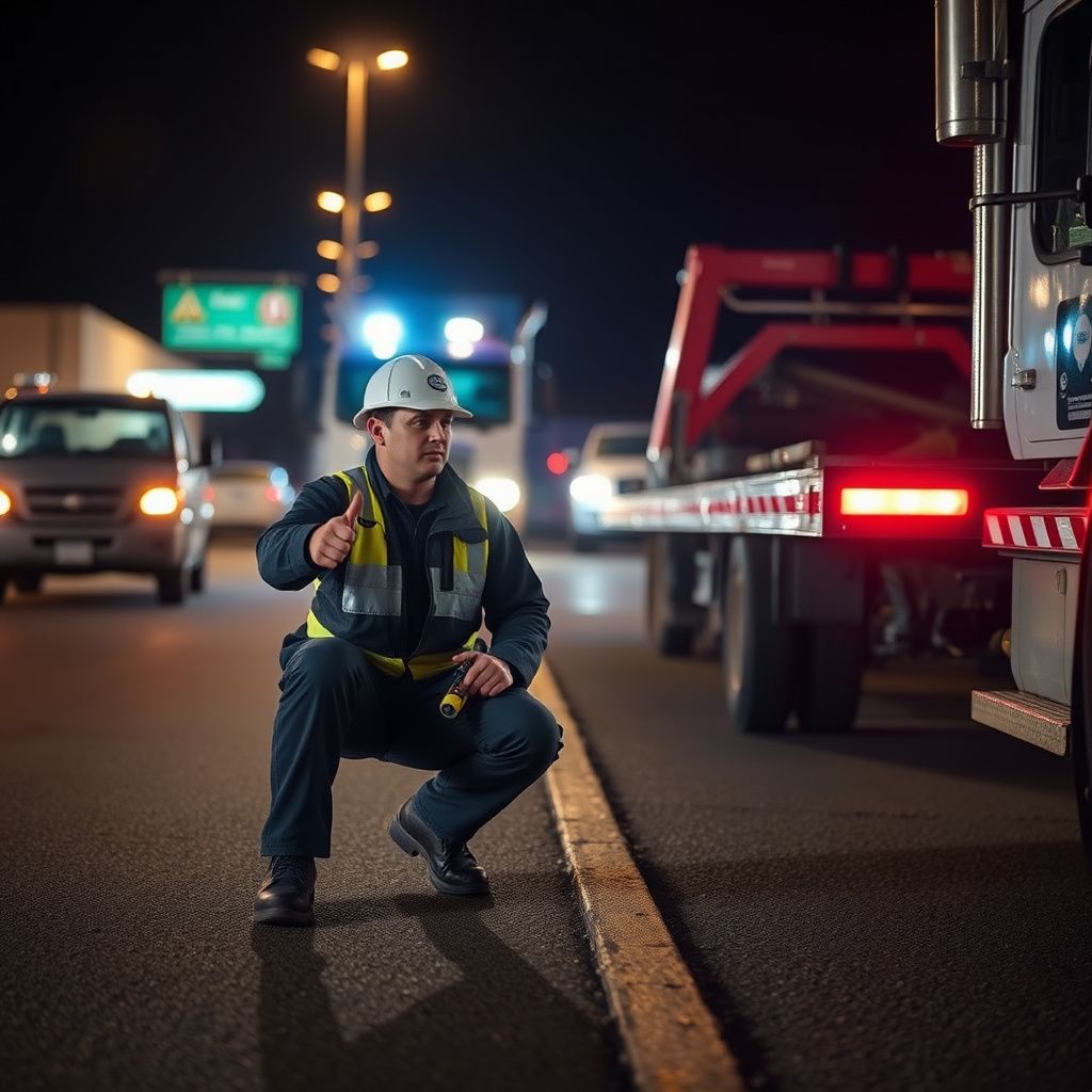 A professional tow truck operator in high-visibility gear speaking calmly to a customer on a rural Metchosin road.