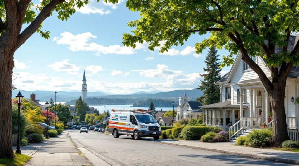A professional flatbed tow truck staged near the Brentwood Bay ferry terminal with the Saanich Inlet in the background.