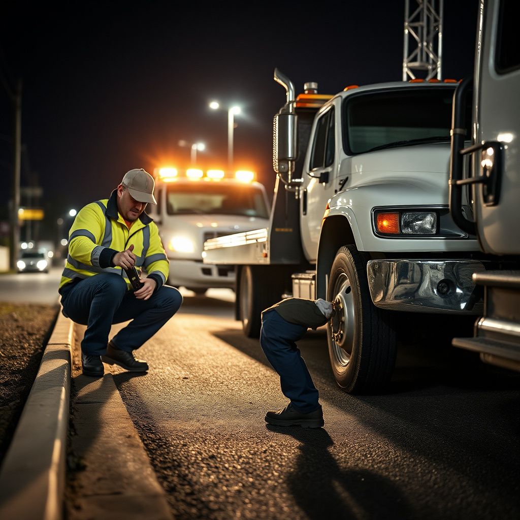 A close-up of a tow truck operator securely fastening a vehicle to a flatbed, demonstrating professional safety standards.